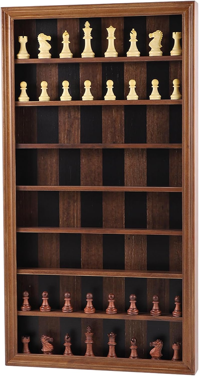 Vertical wooden chess cabinet with a framed walnut finish displaying a chessboard pattern on the back. The cabinet features eight shelves holding an ivory and brown chess set, with the top two shelves displaying the white pieces and bottom two shelves displaying the brown pieces, leaving middle shelves empty for storage or display.