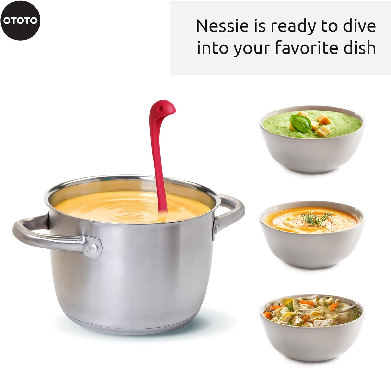 for Loch Ness Monster Soup Ladle

A red silicone soup ladle shaped like the Loch Ness Monster diving into a stainless steel pot filled with yellow soup, accompanied by three bowls containing different soups and garnishes.