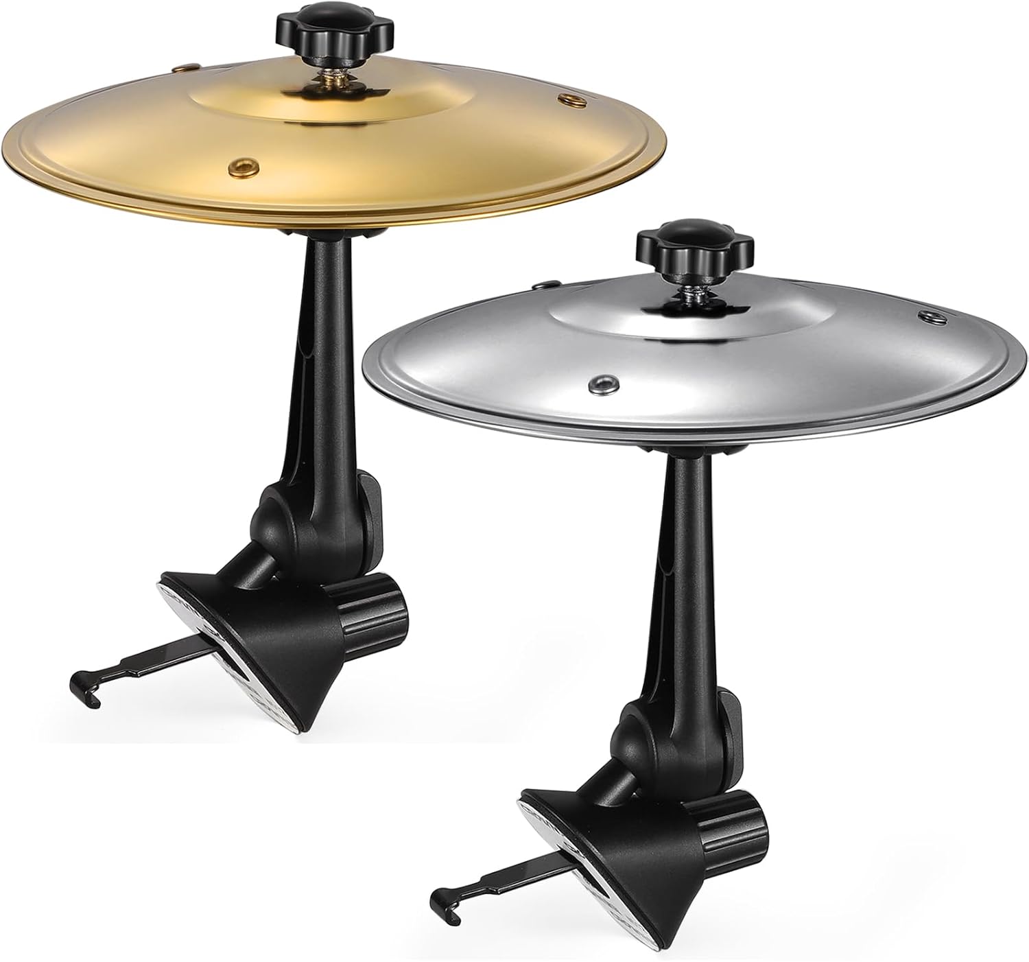 Two car vent cymbals with black adjustable stands and clip mechanisms—one featuring a gold-colored cymbal and one with a silver cymbal—each topped with a black knob adjuster.