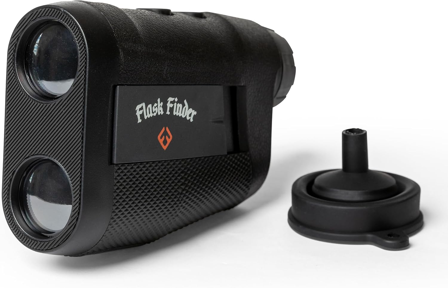 Black compact rangefinder-style golf flask with dual optical lens design, "Flash Finder" branding, and red diamond logo on front display panel, accompanied by a detachable black rubber protective cap.