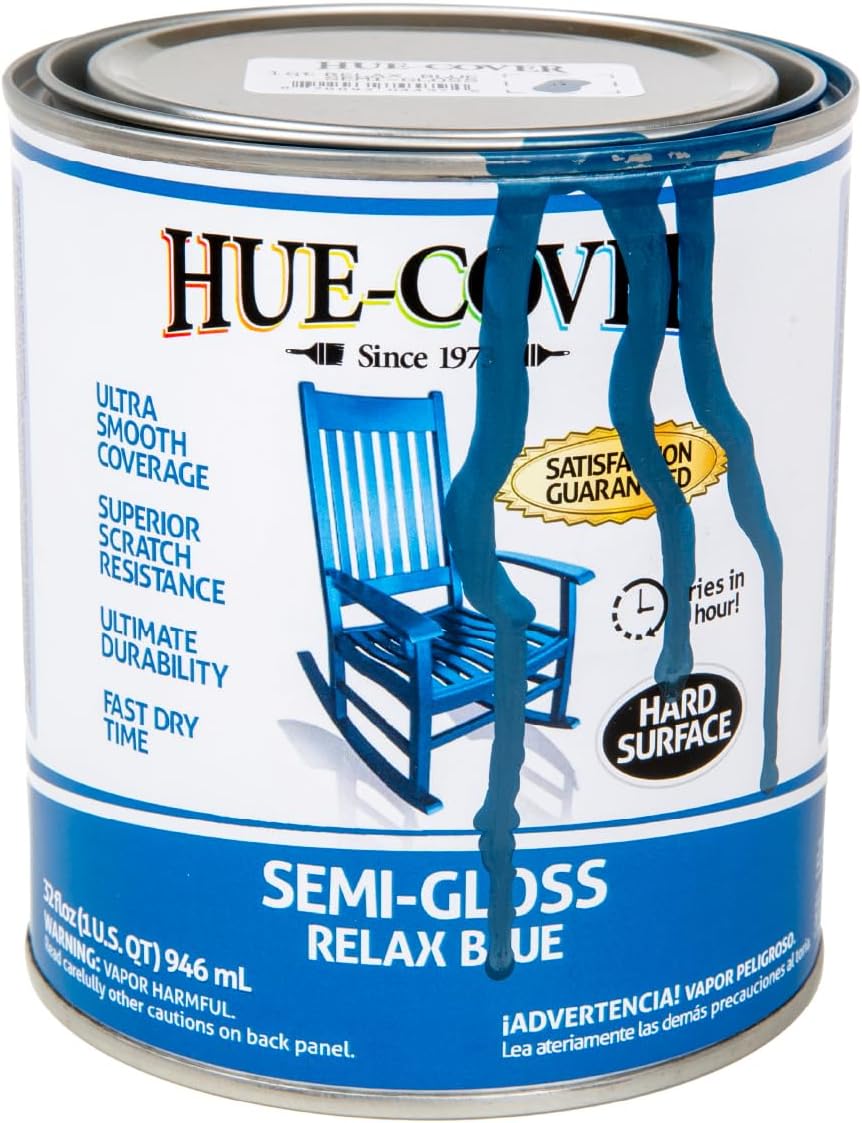 A Hue-Covi paint can disguised as a semi-gloss blue paint container, featuring an image of a blue rocking chair on the label and designed as a hidden storage container.