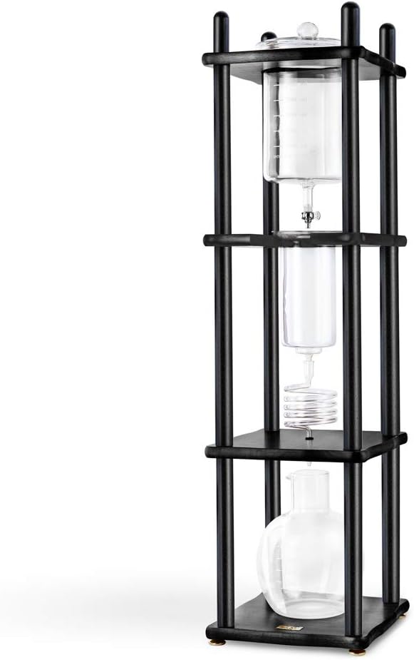 Cold Brew Coffee Maker Tower

A tall black metal frame structure with four horizontal shelves holding glass vessels in a vertical drip configuration, designed for slow-drip cold brew coffee extraction with water filtering down through coffee grounds into collection chambers below.