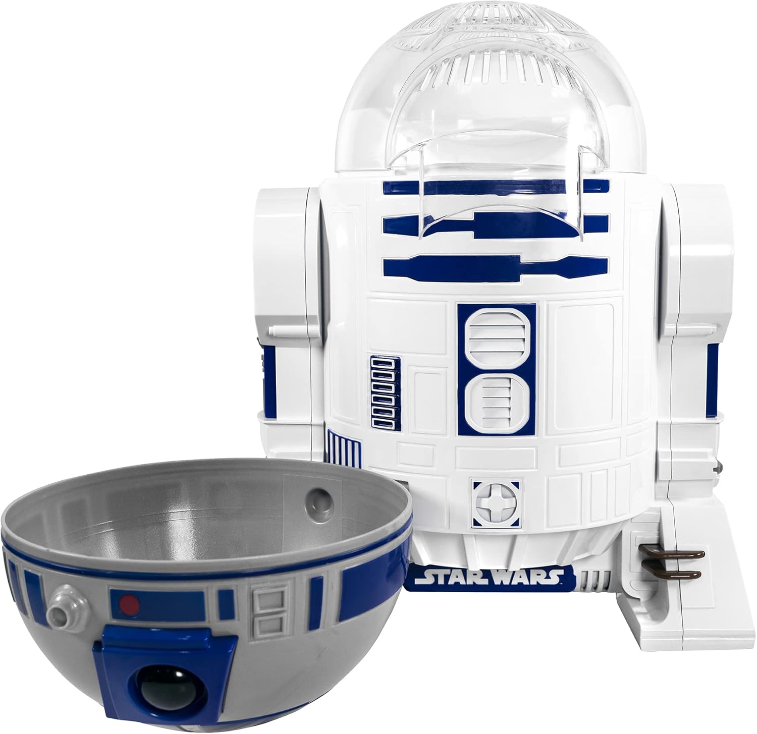 A white and blue Star Wars-themed popcorn maker shaped like the character R2D2, featuring a clear dome top, side handles, and a detachable stainless steel popcorn bowl with blue accents.