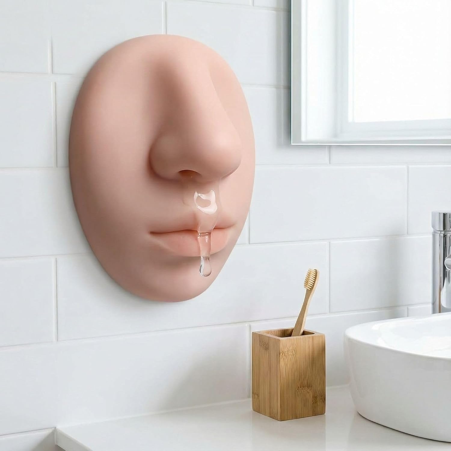 A sculptural nose-shaped soap dispenser in skin-tone silicone mounted on a white subway tile bathroom wall, with liquid soap dripping from the nostril spout, alongside a bamboo toothbrush holder and ceramic sink accessories.