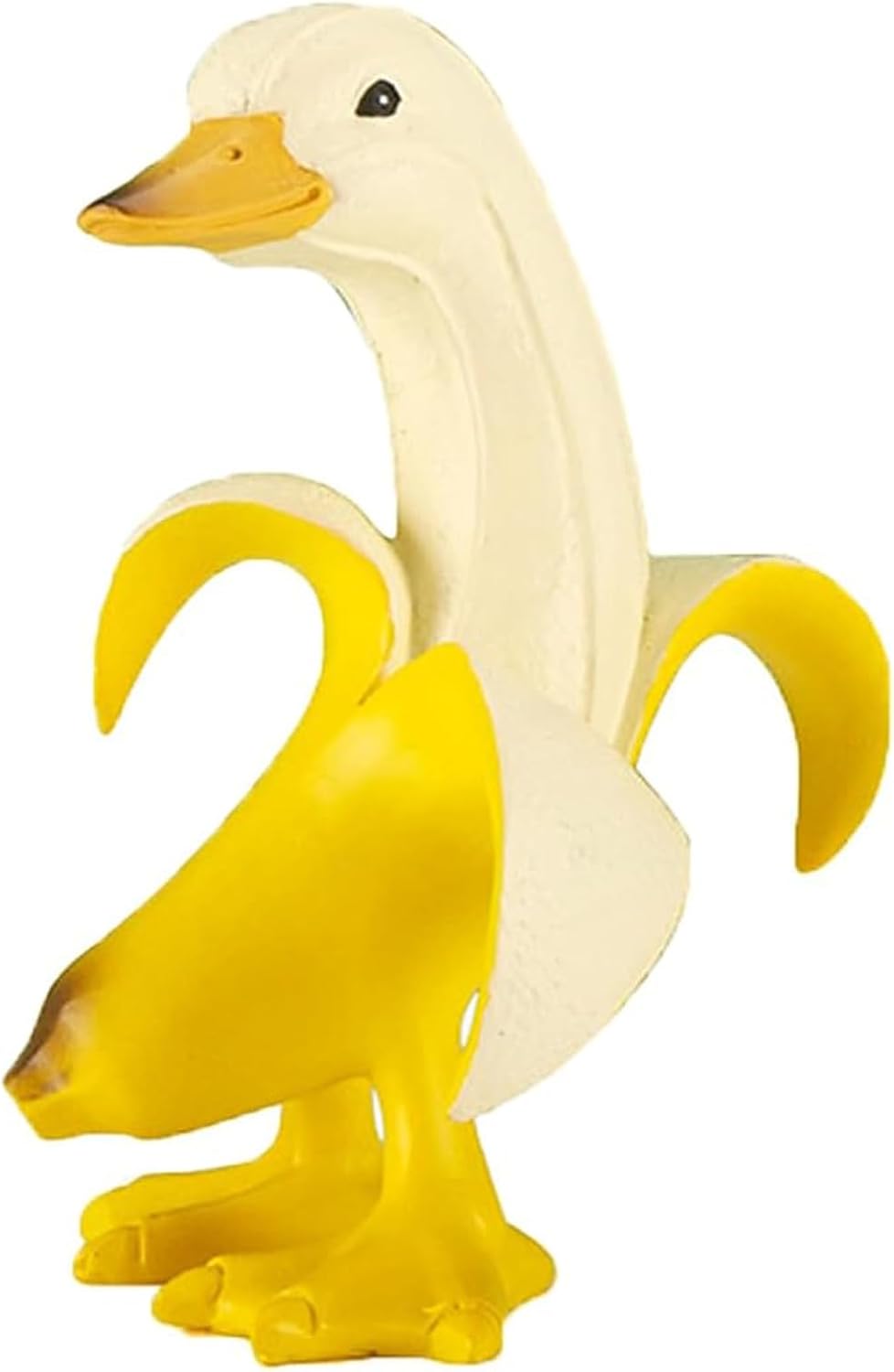 A whimsical toy or decorative sculpture featuring a duck with a cream-colored head and neck and bright yellow banana-shaped wings and feet, with a golden-yellow bill.
