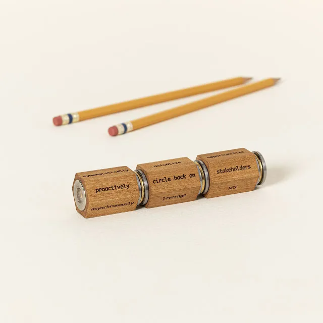 A wooden fidget toy consisting of three connected cylindrical sections with metal bands, each engraved with corporate jargon phrases like "proactively" and "circle back on," alongside two yellow pencils with erasers for scale.